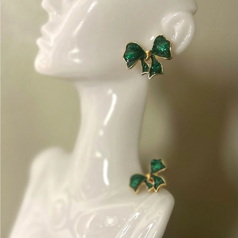 Glittery Bowknot Druzy Emerald Green Gold Stud‎ Earrings St. Patrick’s Day NEW
